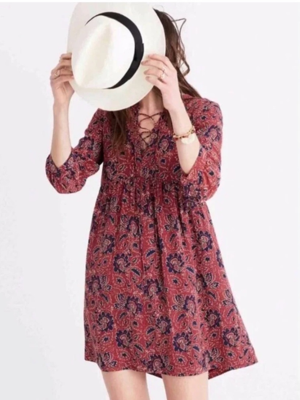 Madewell Red Floral Lace-Up Silk Dress